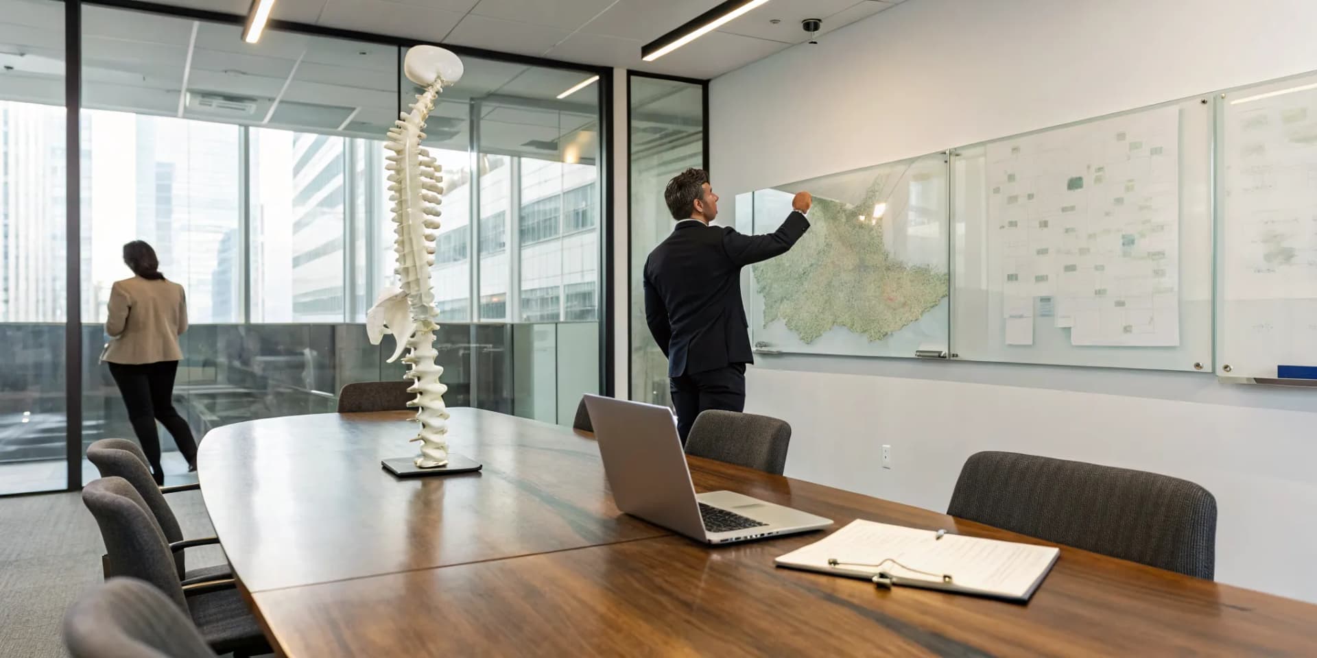 Professionals plan for multi-clinic chiropractic ownership around a conference table with a spine model.