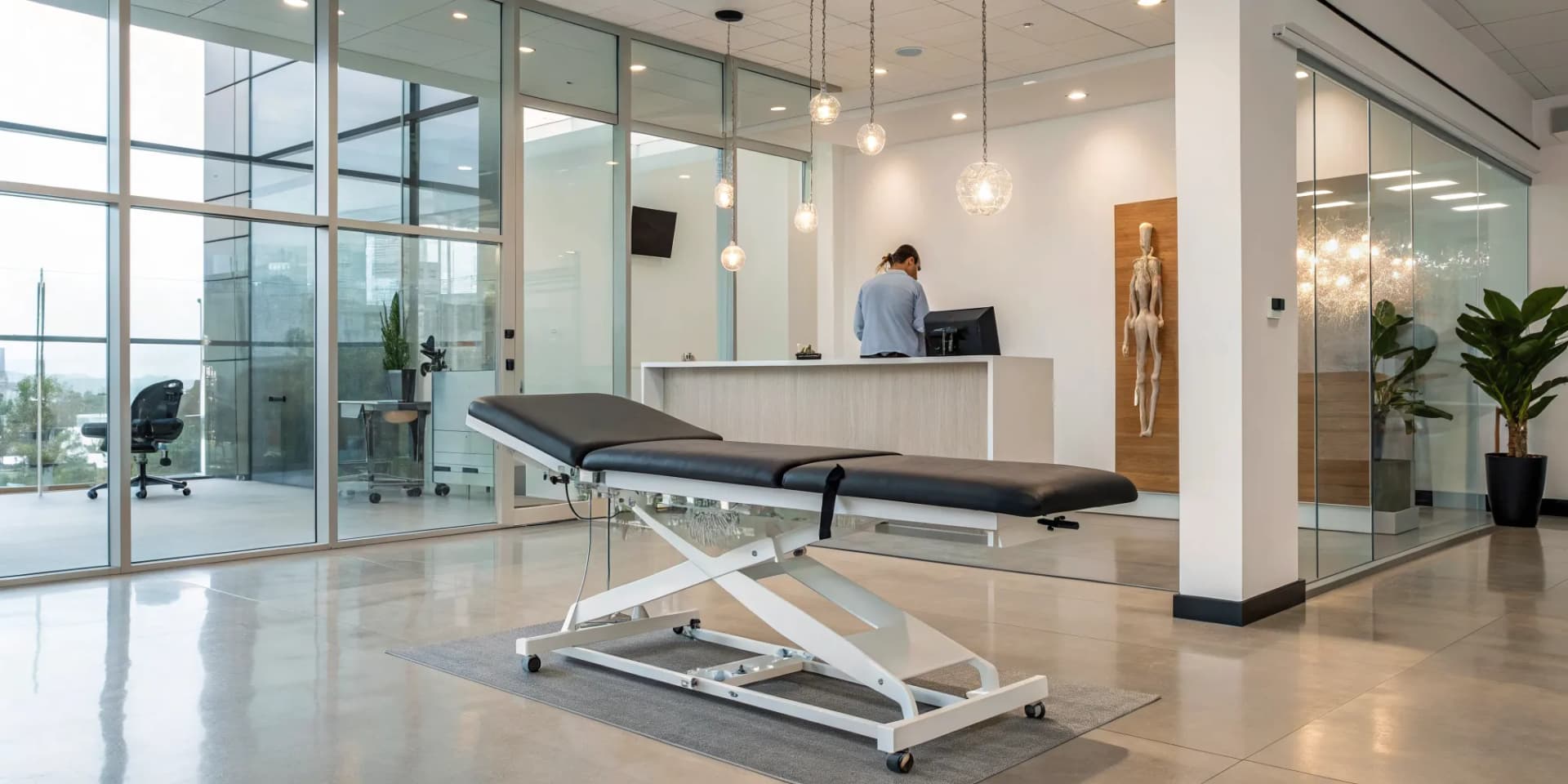 High-tech chiropractic franchise with an advanced treatment table and a modern reception area.