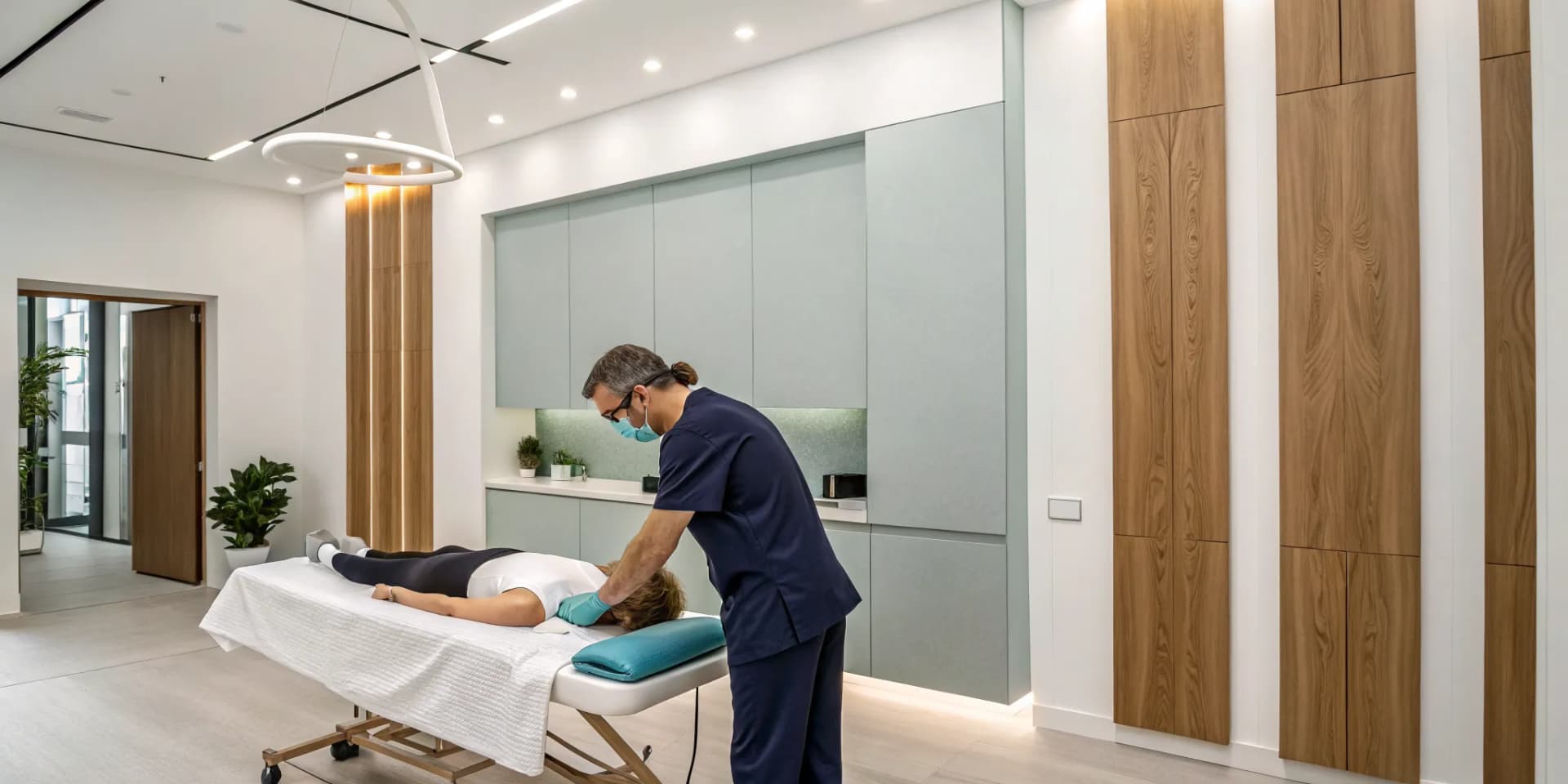 Chiropractor performing laser therapy on a patient's lower back for sciatica.