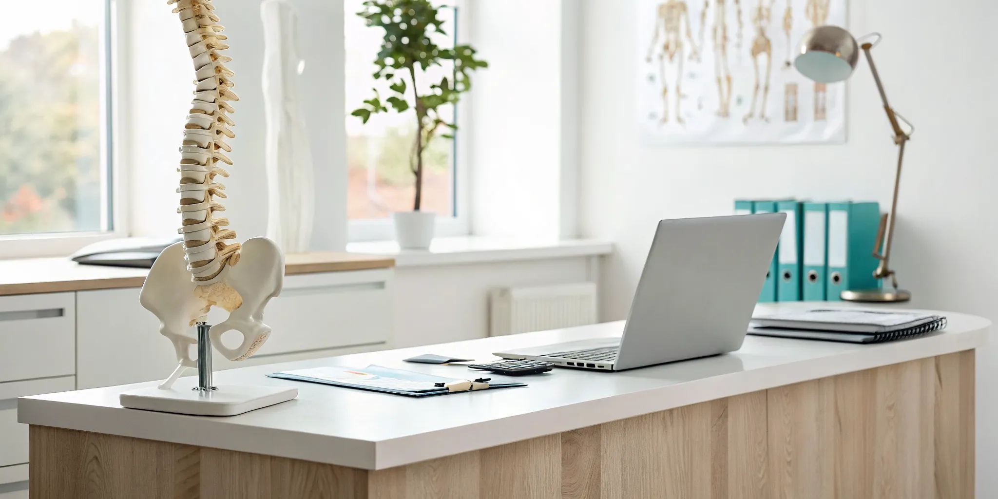 A spine model and paperwork on a desk detailing the monthly chiropractic plan cost.