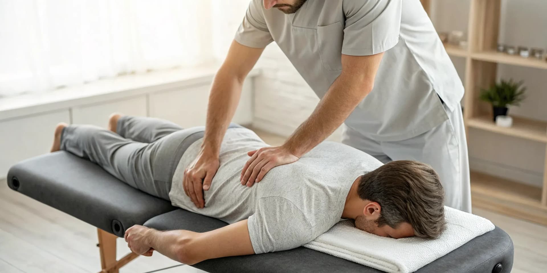 A chiropractor performs myofascial release therapy on a patient's back for pain relief and mobility.