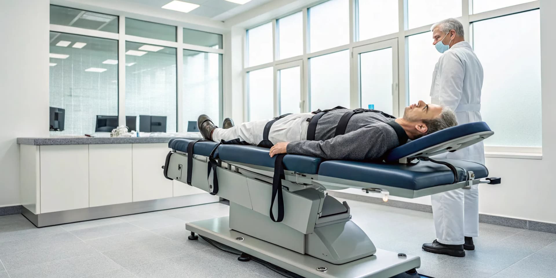 Patient receiving non-surgical decompression according to clinical protocols.