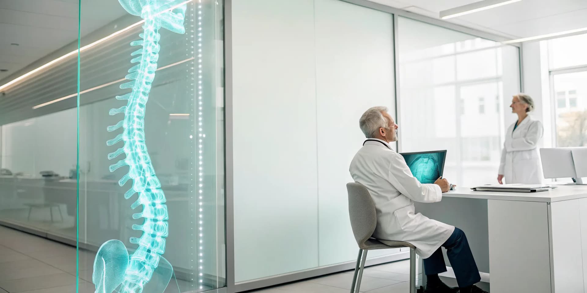 Doctors analyzing non-surgical spinal decompression success rates on a digital spine model.