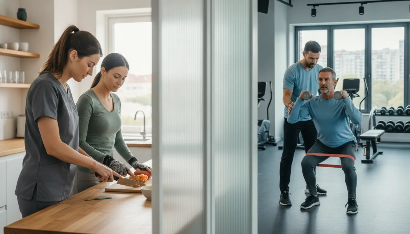 Occupational therapy with a woman cooking vs physical therapy with a man doing squats.
