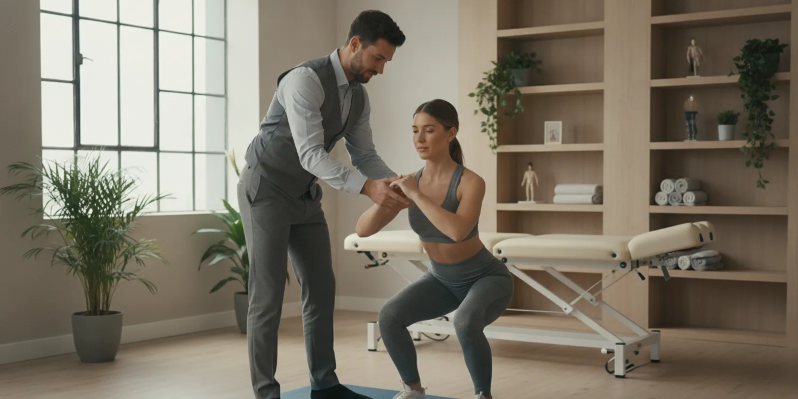 Chiropractor coaching a patient through a controlled functional exercise in a bright clinic