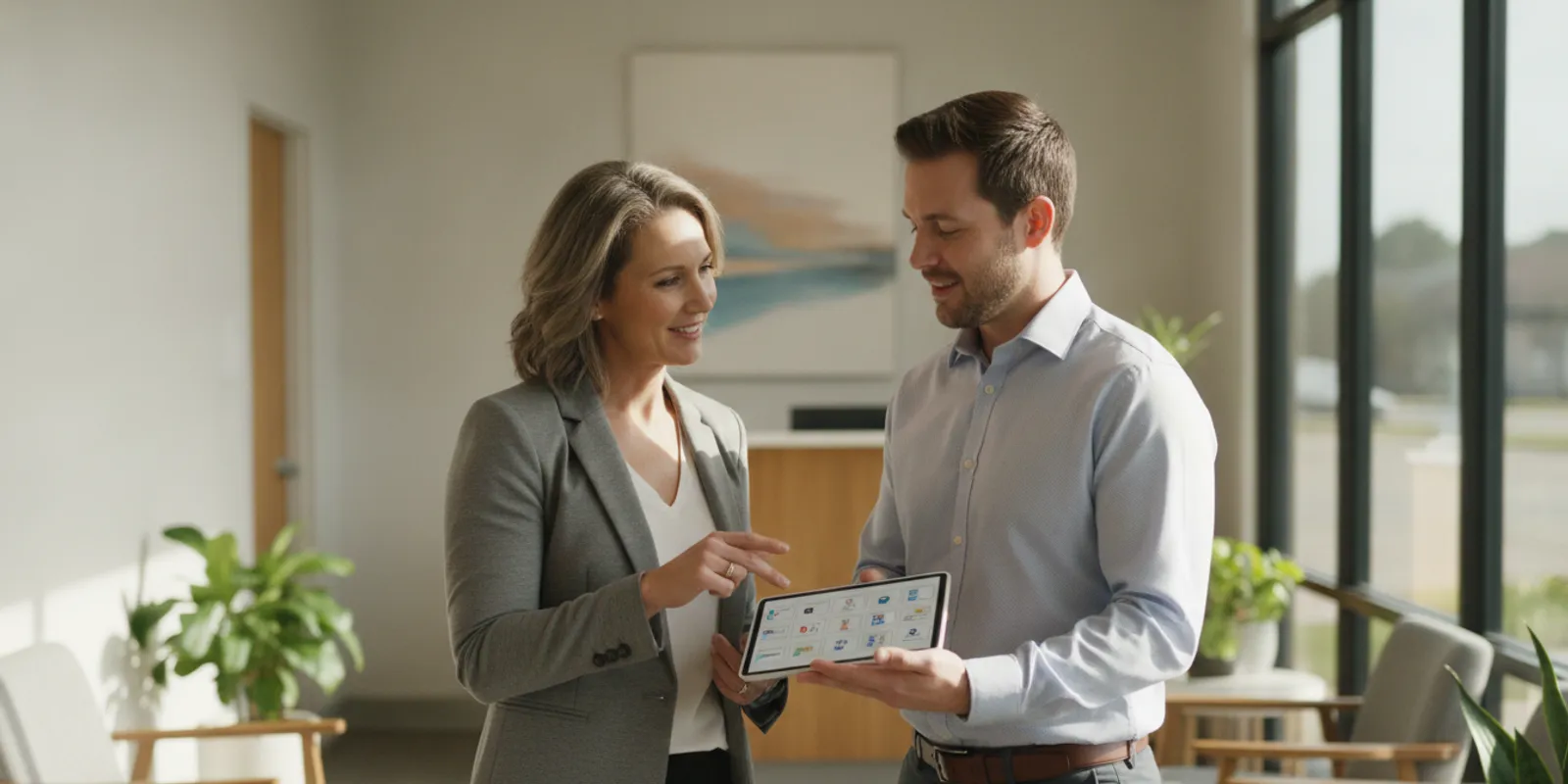 Healthcare franchise owner reviewing clinic operations with a team member in a bright reception area
