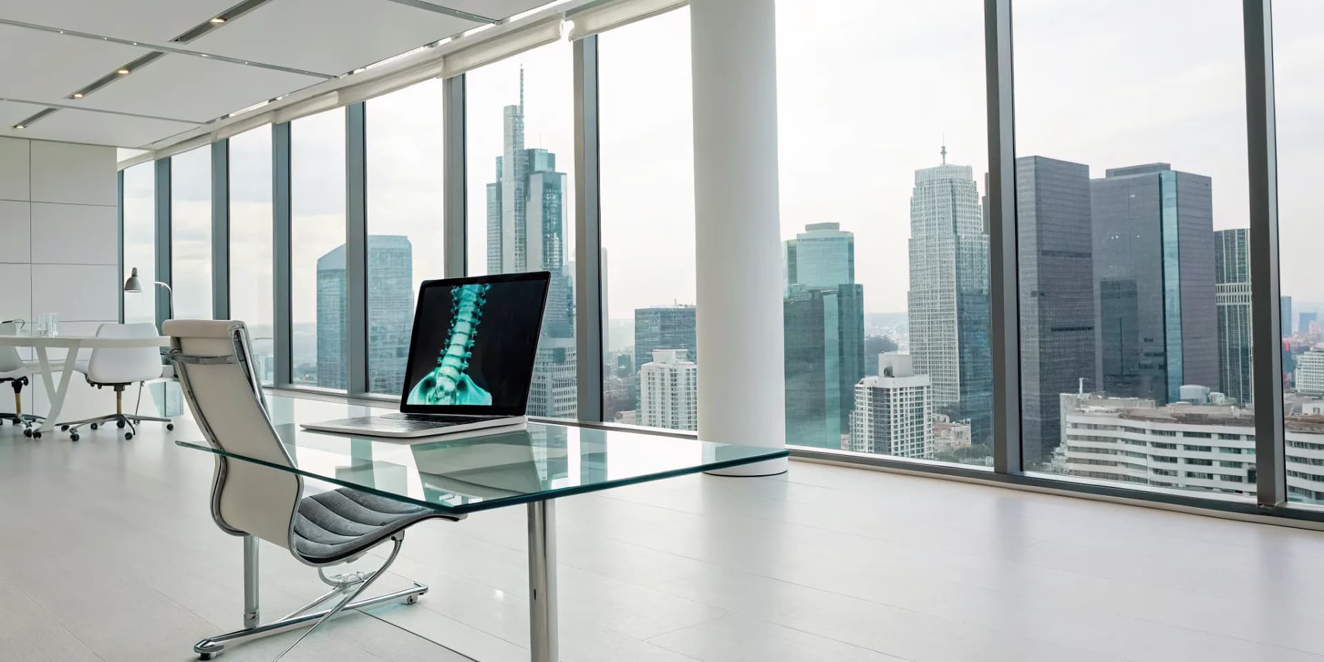 A computer displaying a spinal X-ray in a modern office for marketing high-tech chiropractic services.