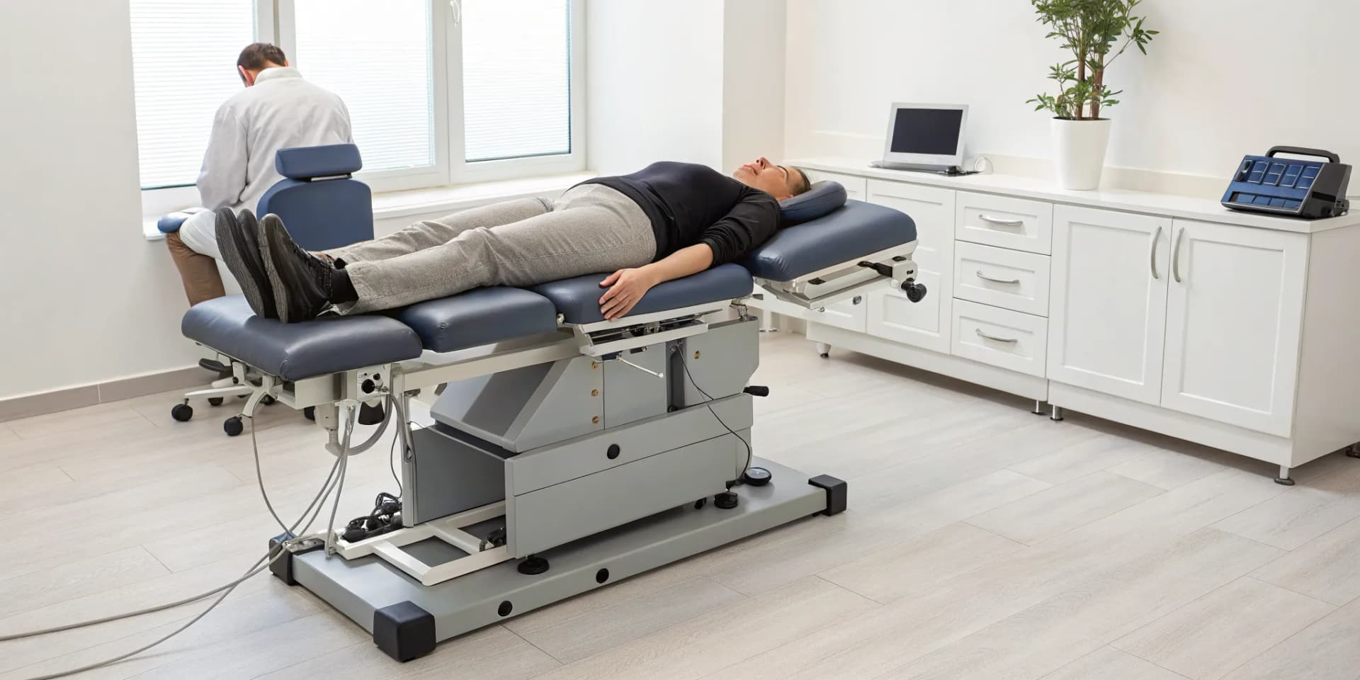 Patient on a spinal decompression table for the spinal decompression vs laser therapy decision.