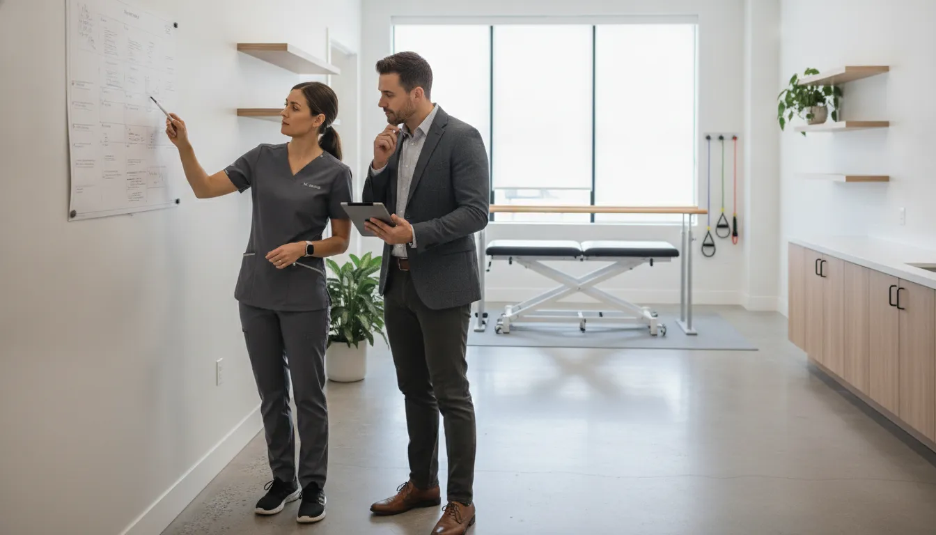 Chiropractor and clinic operations partner planning a new practice in a bright clinic