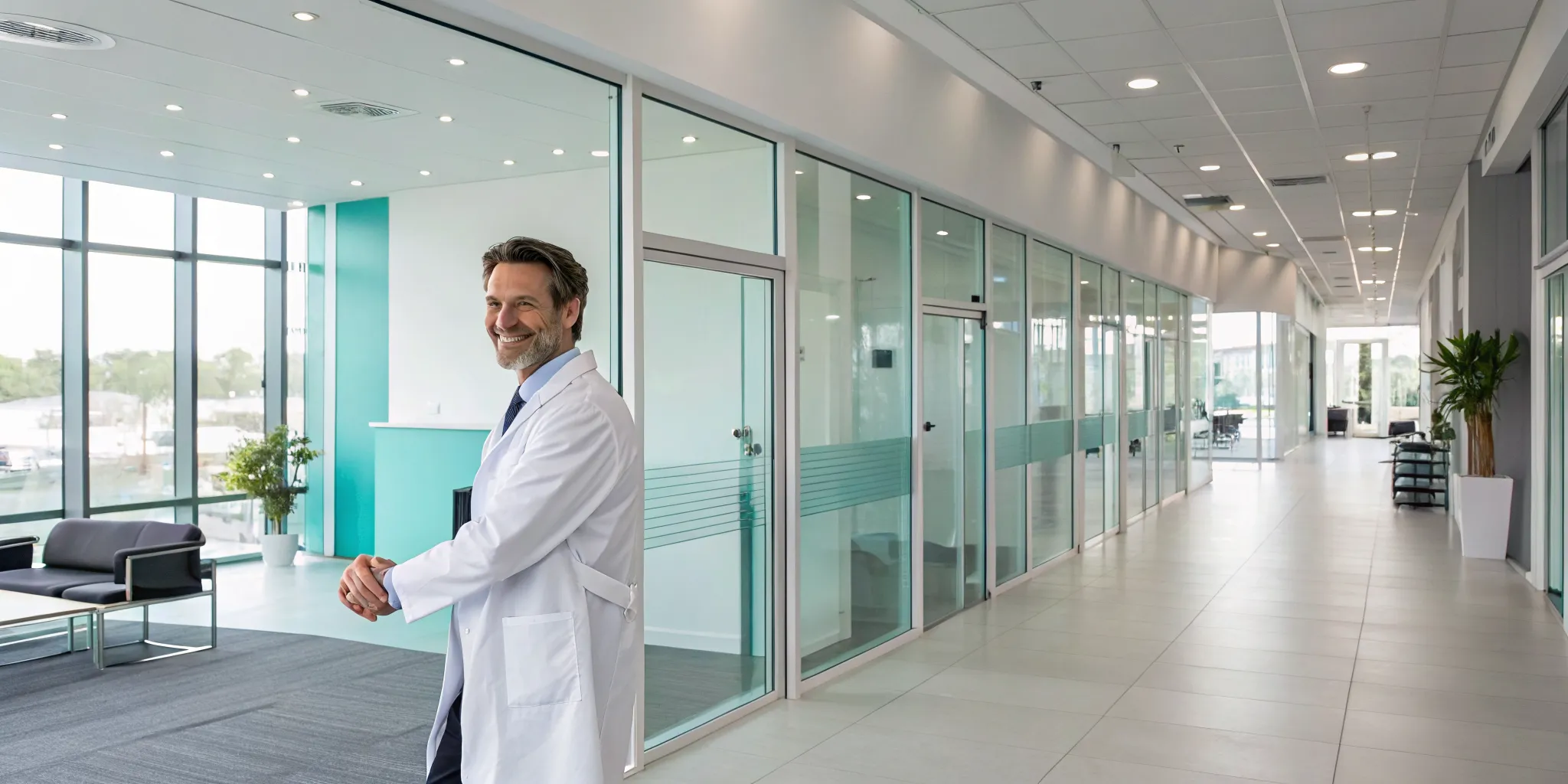 A smiling chiropractor in a modern office, part of one of the best medical franchises.