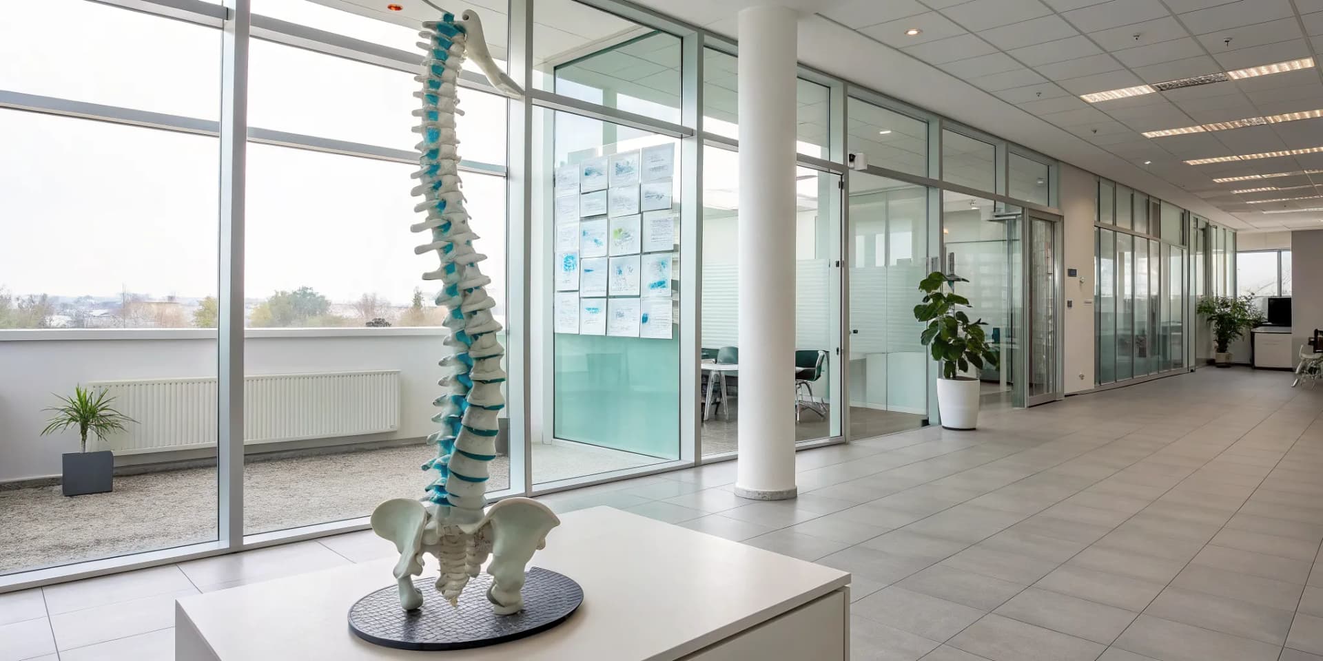 Spine model in a modern chiropractic clinic, part of a complete marketing system.