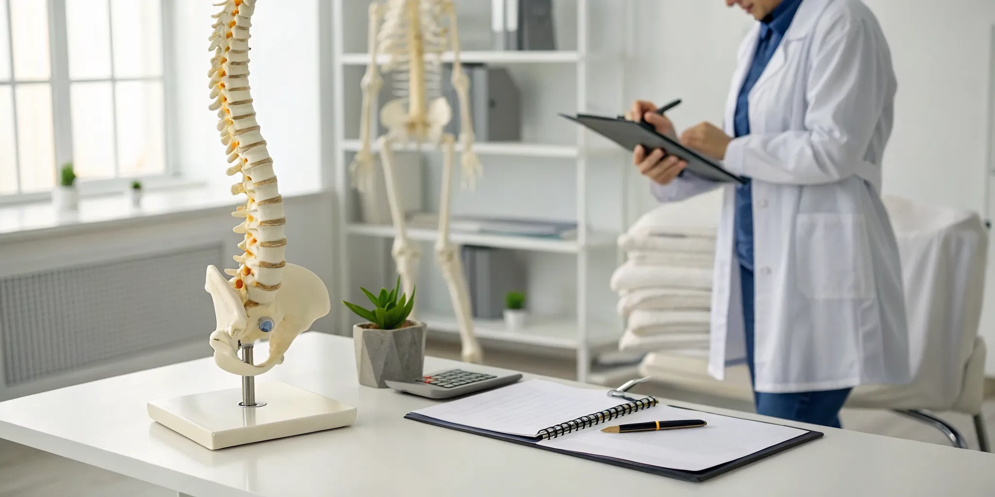 Chiropractor with a spine model, planning the financing for a new chiropractic practice.