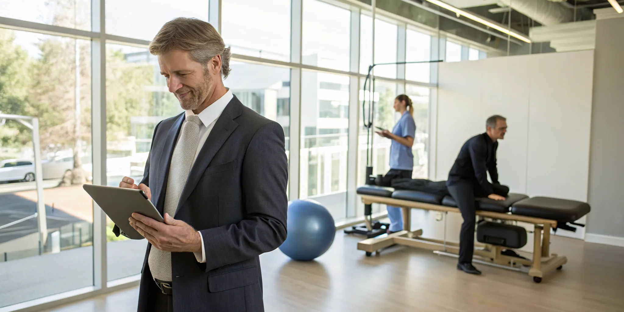 Businessman managing a modern chiropractic franchise with rehab services on a tablet.