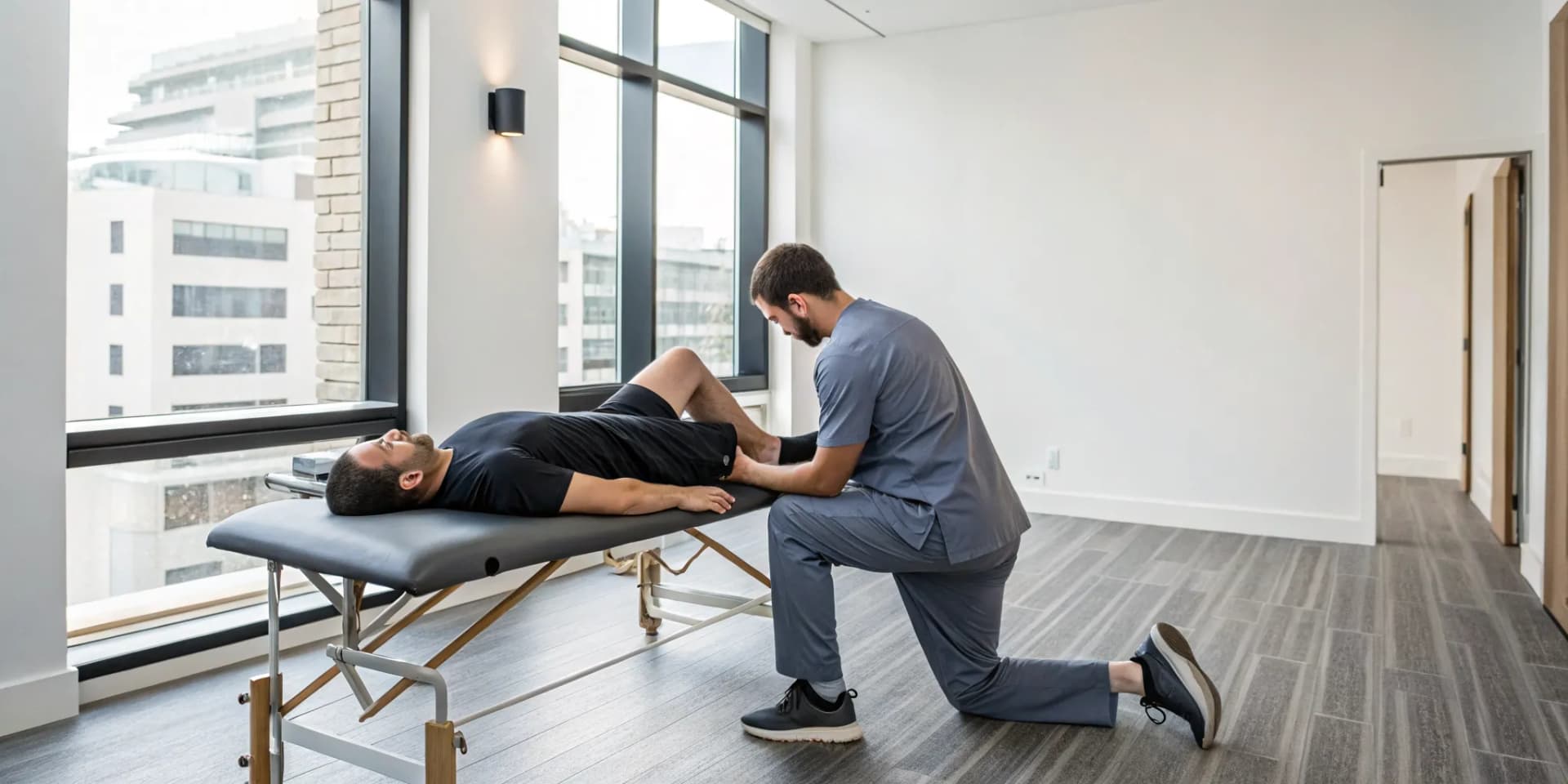 Treating sciatica with physical therapy, including manual therapy on a patient's leg.
