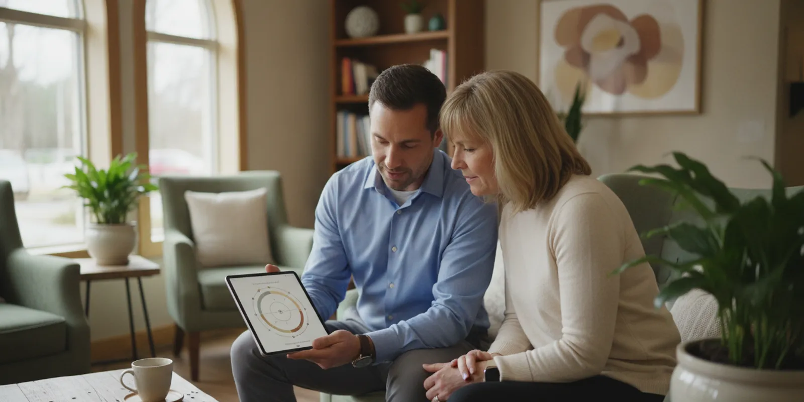 A chiropractor reviewing a wellness membership plan with a patient in a welcoming clinic