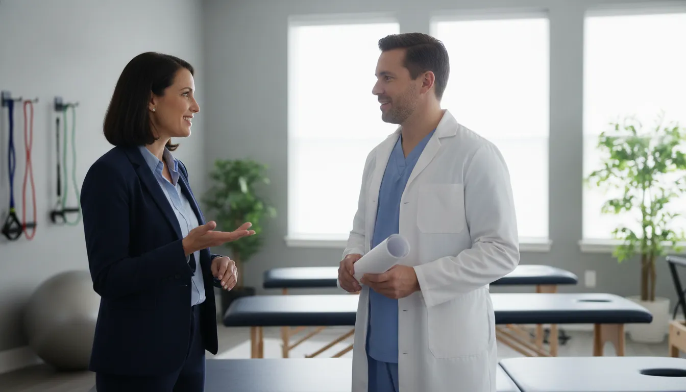 Chiropractic practice owner discussing a franchise operating model with a licensed chiropractor