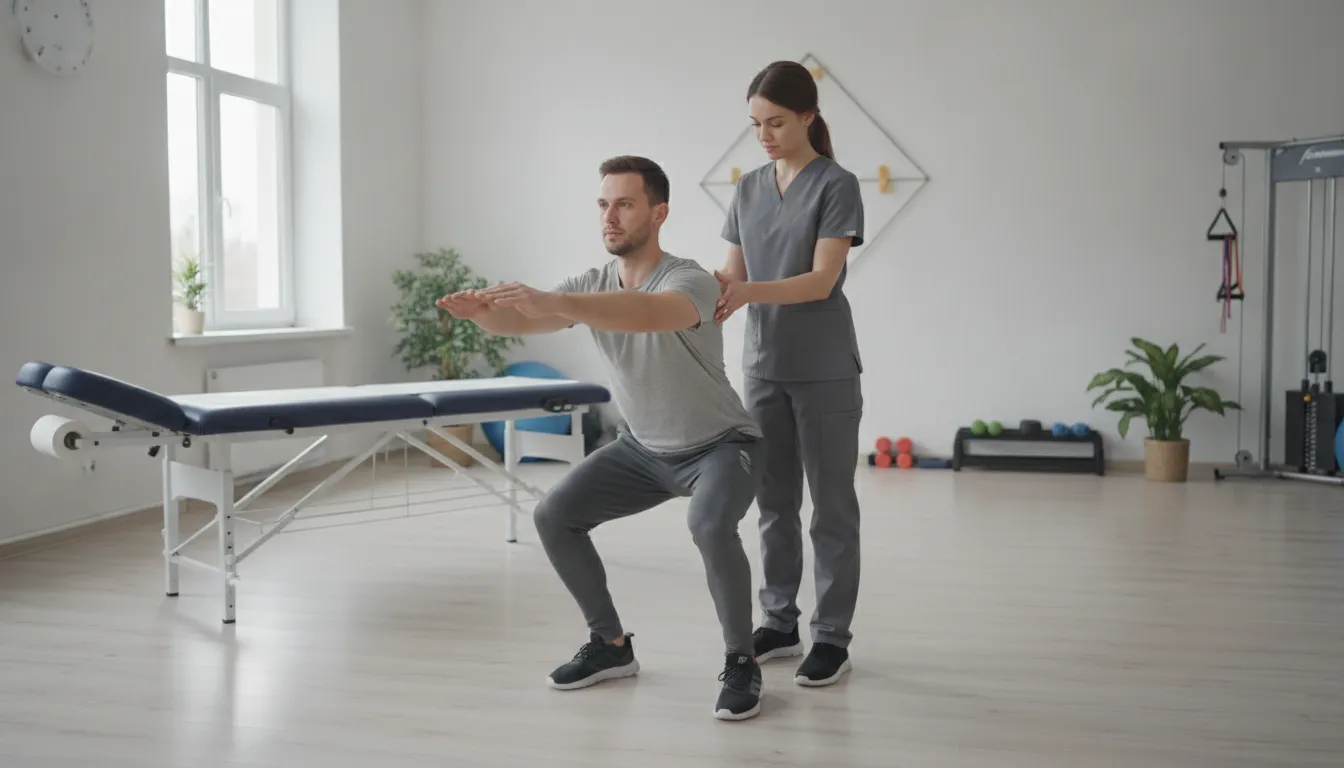 Chiropractor guiding a patient through functional exercise in a modern chiropractic rehabilitation clinic
