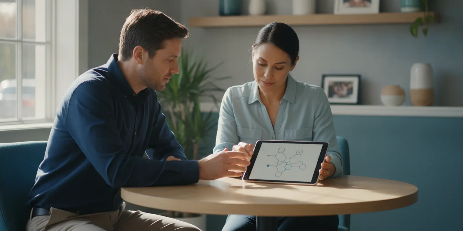 Chiropractic practice owner reviewing a care coordination plan with a colleague in a bright clinic