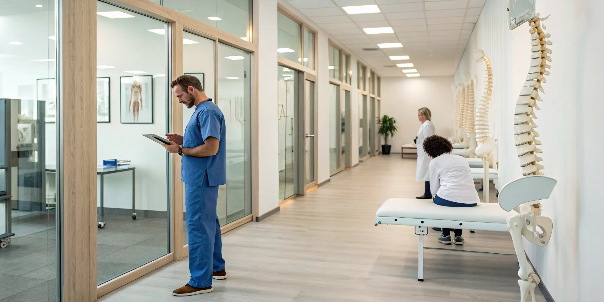 Chiropractic franchise team discussing disc conditions with a patient in a modern clinic.