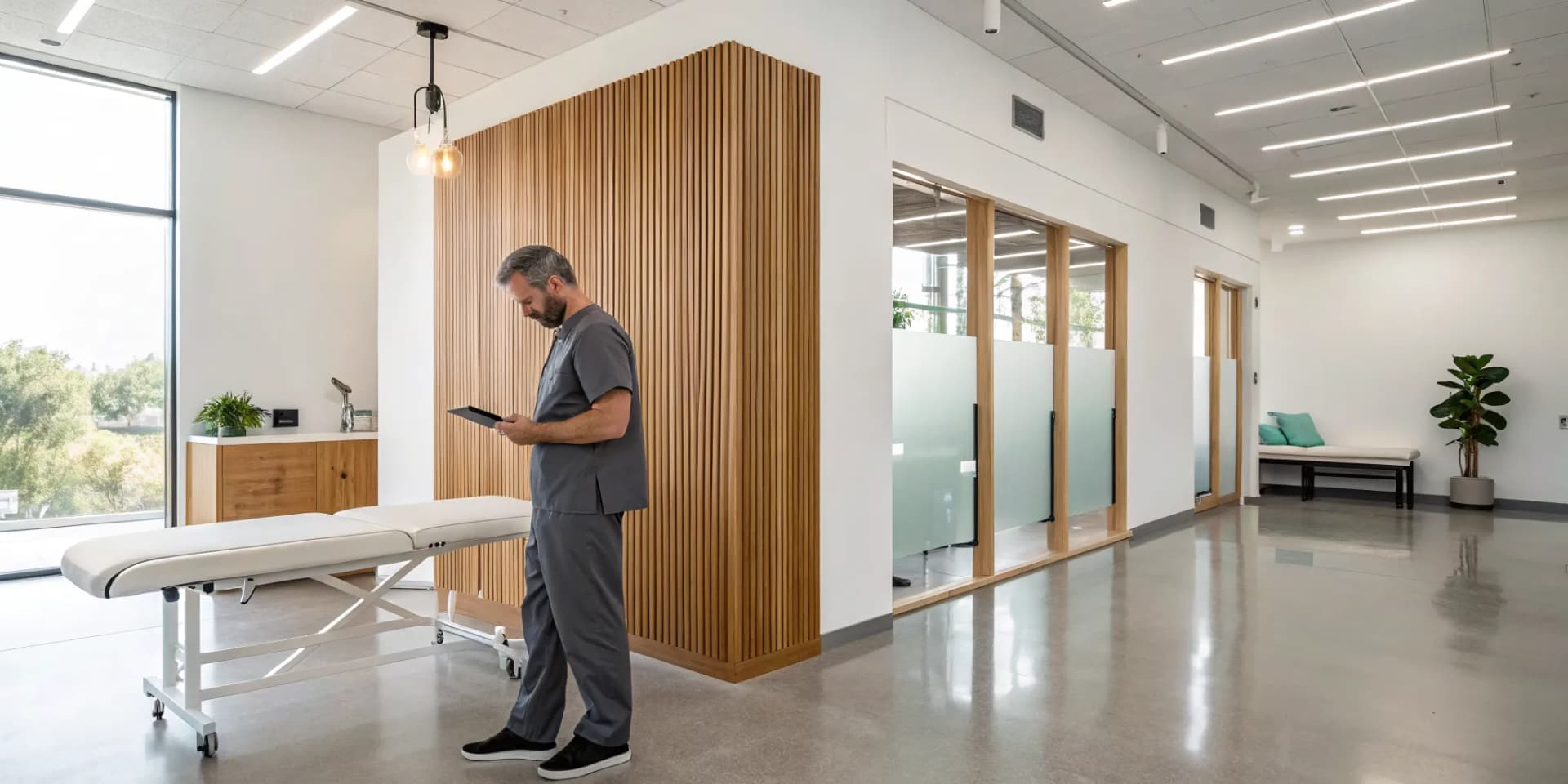 Chiropractor using a tablet in a modern chiropractic franchise with advanced technology.