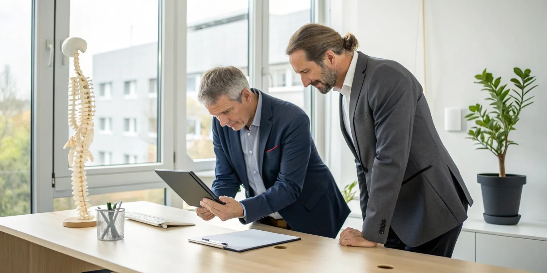 A chiropractic business coach helping a doctor plan practice growth using a digital tablet.