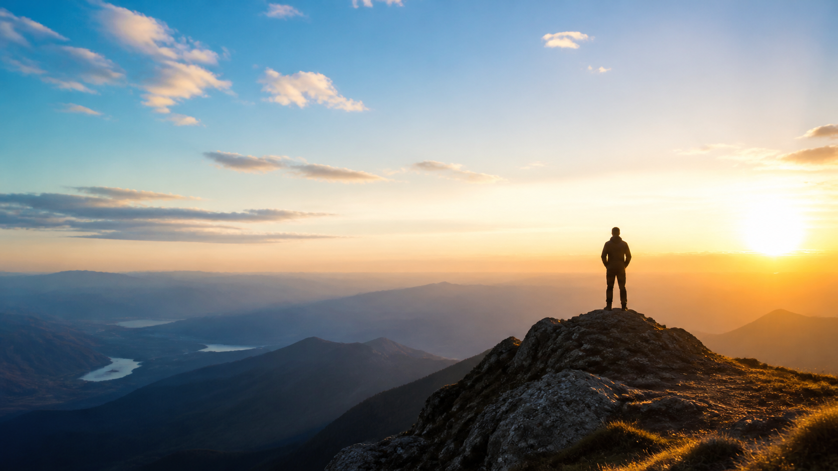 Silhouette overlooking a mountain sunrise